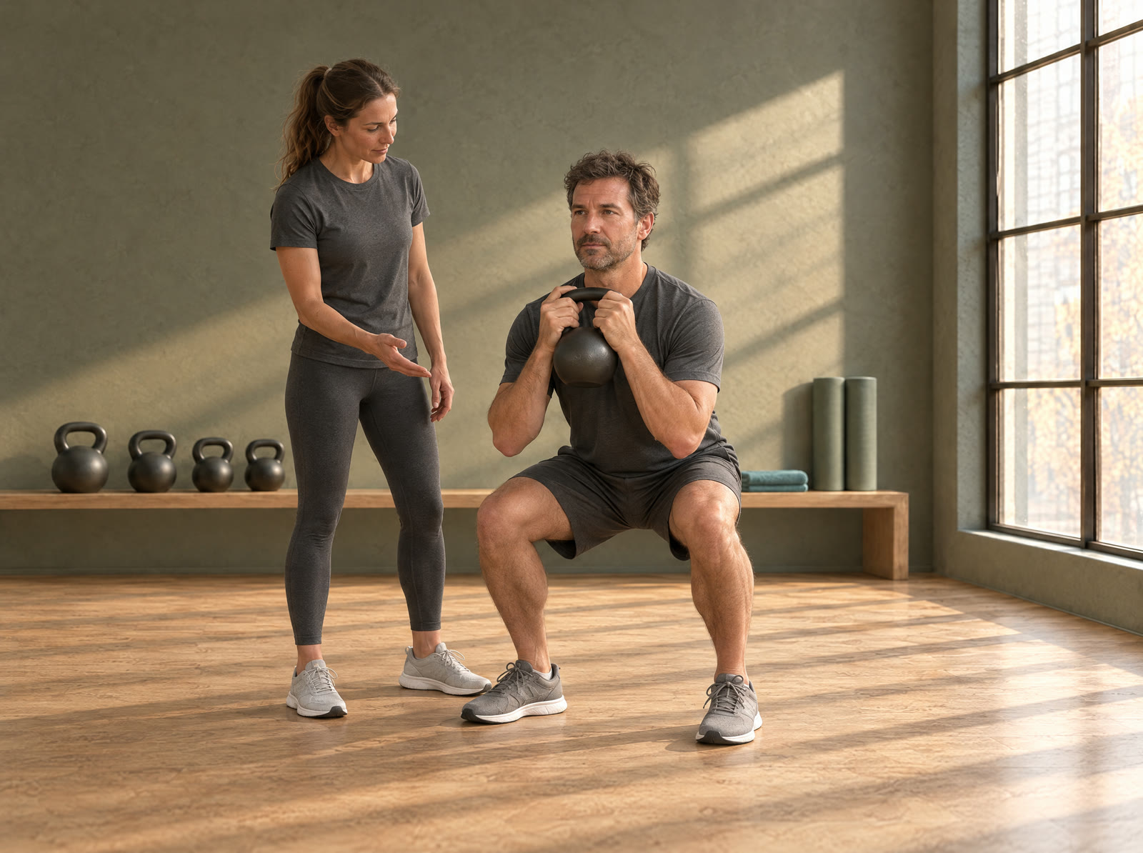 A coach watching a client do a goblet squat with a kettlebell in the sunlit ORTUS studio.