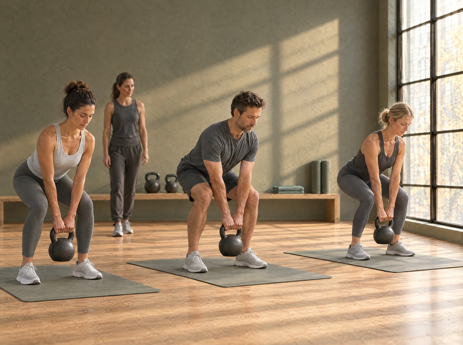 Three people doing kettlebell deadlifts side by side on grey mats in the ORTUS studio.