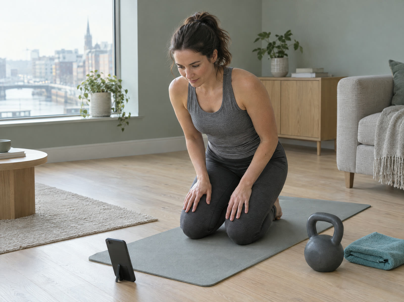 A woman on an exercise mat at home, looking at her phone before starting her ORTUS session.