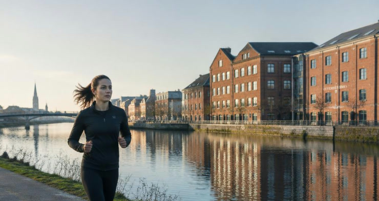 A woman on an early morning run along a canal, brick buildings reflected in the water.