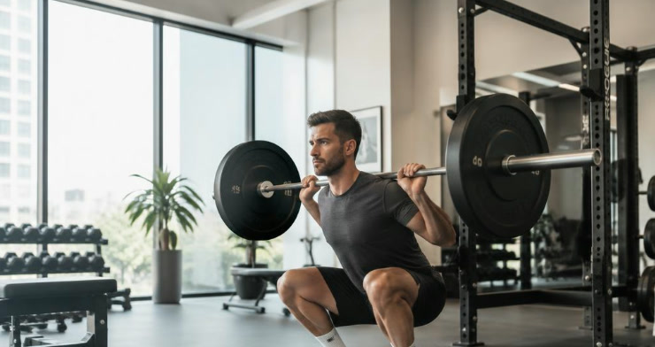 A man doing a barbell back squat in a bright training room.