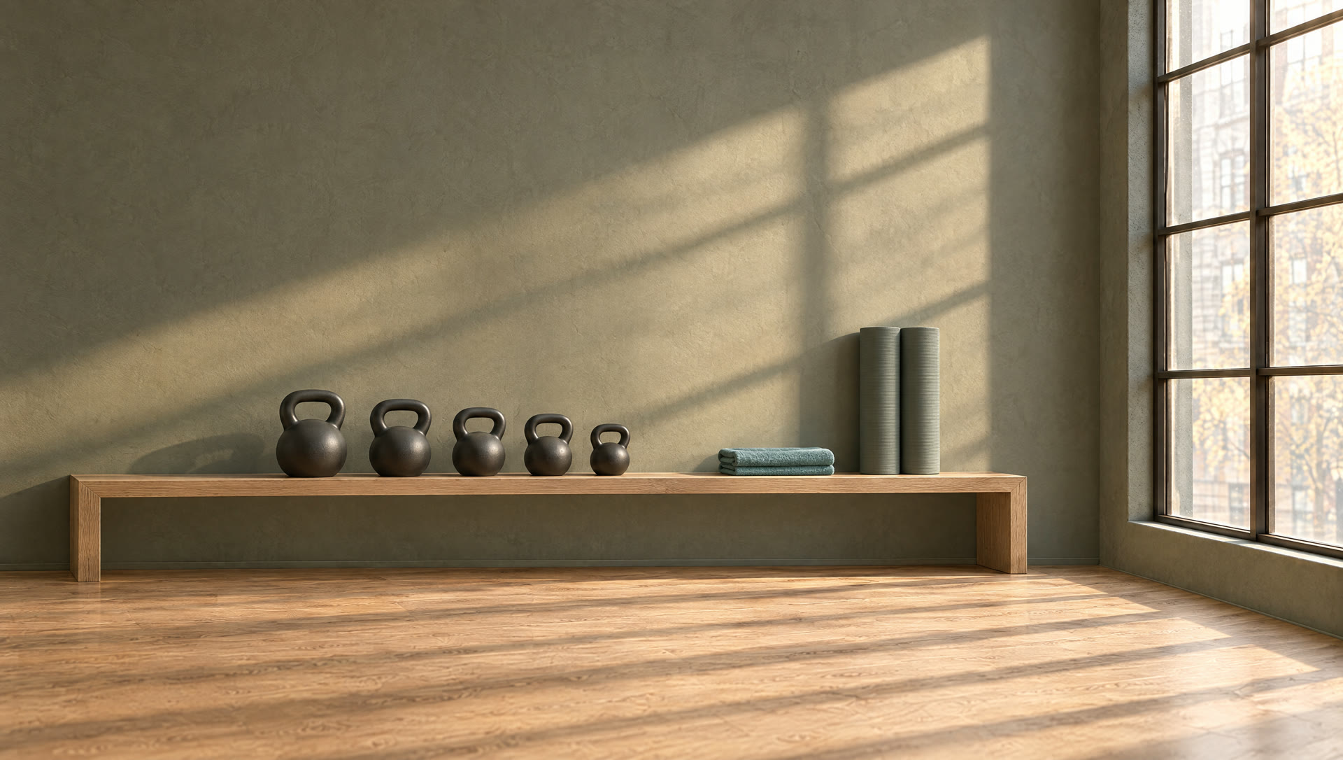Inside the ORTUS studio in morning light: five kettlebells in a row on a low oak shelf, rolled mats and an aqua towel against a grey-green wall.